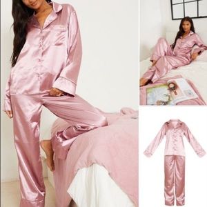 NWT PRETTYLITTLETHING DUSTY PINK OVERSIZED SATIN LONG PJ SET